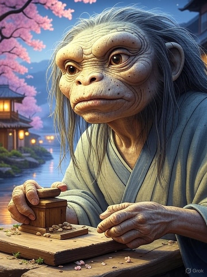 Azukibabaa grinding beans illustration