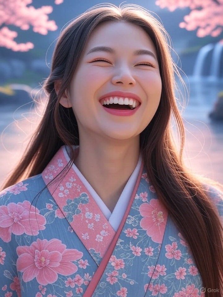 Laughing yokai woman in sky